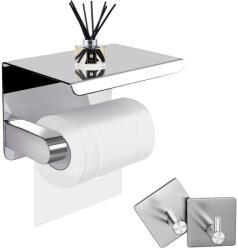 Fali toalettpapír tartó, felső polccal és 2 db akasztó kampóval - Ezüst (toalettpaper_M_silver)
