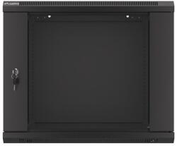 Lanberg WF01-6409-10B 19 9U SZÉL: 600 MÉLY: 450 MAG: 512 lapraszerelt üvegajtós fekete fali rack szekrény (WF01-6409-10B)