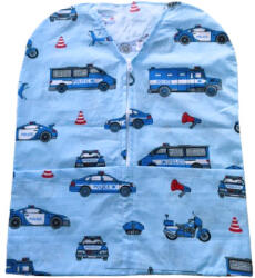  Kék alapon rendőr jármű mintás vállfára húzható pamut oviszsák - 40x50 cm