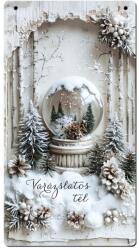  Nyomtatott fa tábla - Vintage fehér téma - hógömb 13x24, 3cm - kosarbolt