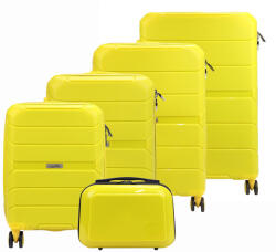 Jony sárga polipropilén 5 részes keményfalú bőrönd szett, kozmetikai táskával 30/53/55/67/77 cm (42405)