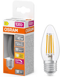 OSRAM E27 LED gyertya, 3, 4W, 470 lm, 2700 K, melegfehér, dimmelhető, áttetsző üveg-40 W izzó helyett - Superstar Classic B filament (4099854445439)