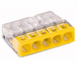 Wago 2273-205 Compact ötös tömör vezeték összekötő 5x0, 5-2, 5 mm2 tömör vezetékhez, átlátszó házban, sárga fedéllel (2273-205)