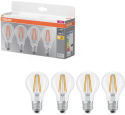 OSRAM E27 LED 7W, 806 lm, 2700 K, melegfehér, áttetsző üveg-60 W normál izzó helyett, 4 darabos - Base Classic A 60 filament (4099854193460)