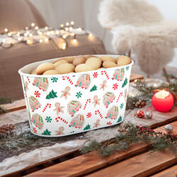  Karácsonyi fém kosár - házikó mintás - 19 x 11, 5 x 9, 5 cm (59722B)