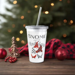  Karácsonyi pohár - szívószállal, tetővel - 473 ml - műanyag (59710)