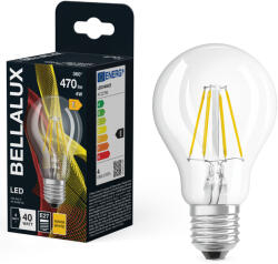 Bellalux E27 LED, 4W, 470 lm, 2700 K, melegfehér, áttetsző üveg-40 W normál izzó helyett - Classic A 40 filament (4058075115194)