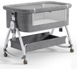  Multifunkciós összecsukható kiságy, 6 állítható pozíció, dönthető, zárrendszer, rovarháló, tárolókosár, kerekek fékekkel, szürke