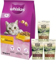 Whiskas WHISKAS Száraz macskatáp 1+ csirkével 14kg + WILD FARM macskaeledel 3x50g mix ízekkel