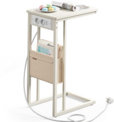 VASAGLE Lerakóasztal, éjjeli szekrény, beépített elosztóval, krémfehér 40x30x62cm (LET356W02)