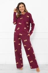 Italian Fashion Kwadro női pizsama, hosszú, borvörös, masnikkal, M