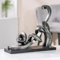  Modern minimál stílusú nyújtózó cica szobor ezüst színben antikolt felülettel 29cm