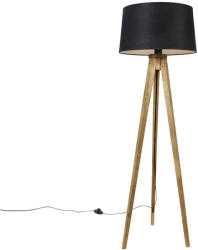 QAZQA Rusztikus állólámpa háromlábú vintage fa lámpaernyővel lenvászon fekete 45 cm - Tripod Classic (104125)