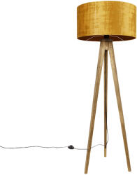 QAZQA Rusztikus állványos vintage fa lámpa arany árnyékolóval 50 cm - Tripod Classic (104134)