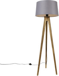 QAZQA Rusztikus állólámpa vintage fa talppal és lenvászon búrával sötétszürke 45 cm - Tripod Classic (104127)