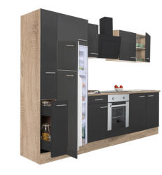Leziter Yorki 300 konyhabútor sonoma tölgy korpusz, selyemfényű antracit front alsó sütős elemmel felülfagyasztós hűtős szekrénnyel (L300STAN-SUT-FF) - leziteronline