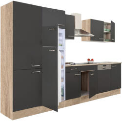 Leziter Yorki 340 konyhabútor sonoma tölgy korpusz, selyemfényű antracit fronttal polcos szekrénnyel és felülfagyasztós hűtős szekrénnyel (L340STAN-PSZ-FF) - leziteronline