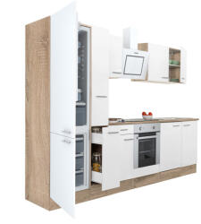 Leziter Yorki 300 konyhabútor sonoma tölgy korpusz, selyemfényű fehér front alsó sütős elemmel alulfagyasztós hűtős szekrénnyel (L300STFH-SUT-AF) - leziteronline