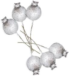 LAALU karácsonyi dekoráció - ezüst csipkebogyó csillámmal, 9, 5 cm, 6 darab (LAU-6149)