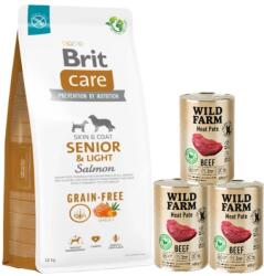 Brit BRIT CARE Dog Gabonamentes Senior & Light Lazac 12kg + WILD FARM Marhahúsos Pástétom 3x400g gluténmentes kutyatáp