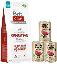 Brit BRIT CARE Gabonamentes Sensitive szarvasmarha 12kg + WILD FARM Marhahúspástétom 3x400g gluténmentes kutyatáp