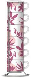 Bialetti Primavera Kávés Porcelán Pohár Szett - 90 ml, 6 darabos + Állvány, Rózsaszín / Fehér