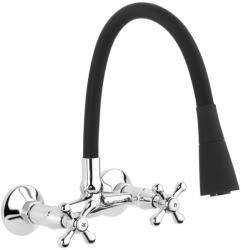 INVENA ROMA Konyhai csaptelep, fali, - flexi kifolyóval, 2 funkciós zuhanyfej, fekete-króm (BC-24-E4S-L)