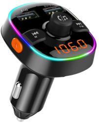 Bluetooth FM transmitter, 2xUSB, Micro SD kártyaolvasó, QC3.0, LED kijelző, 7 színű fénycsík, fekete, BC52L