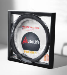 Autolife DW-5055BK Valódi bőr dobozos kormányvédő szellőző lyukacsos Fekete varrásos mintával (AL-00801)