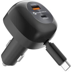Forcell F-ENERGY Alu autós töltő visszahúzható kábellel C típusú és C típusú + USB-A aljzat PD QC4.0 SFC2.0 3A 75W fekete