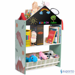 Suporto Biblioteca copii Suporto Verde, Organizator cu raft pentru carti, Cutii depozitare jucarii, Tabla de desen, Mobilier din Lemn MDF, Dulap tip casuta cu etajere, 90 x 62 x 27cm