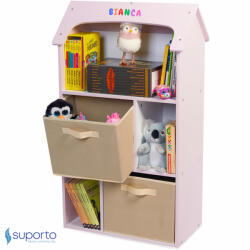 Suporto Biblioteca copii, Suporto, Organizator cu raft pentru carti, Cutii depozitare jucarii, rechizite si papusi, Mobilier din Lemn MDF, Dulap tip casuta cu 3 etajere, 91, 5 x 54 x 27cm, Roz