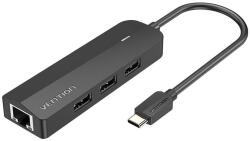 Vention Hub, Vention, USB-C, 3xUSB 2.0, RJ45, Micro-B, fekete