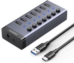UGREEN Multiport Hub 7 x USB 3.0, UGREEN 90307 CM481, aktív tápellátás 12V, Eu-dugó, alumínium, űrszürke színű
