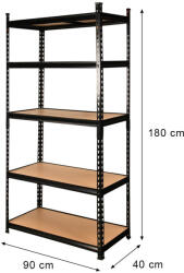  Mega-M Pro Loft tárolóállvány Ma-180 cm Hos-90 cm Mé-40 cm 5 polc 6, 2 mm-es MDF-ből (275 kg) fekete N