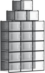 VASBÚTOR Cipősdobozok, 18 darabos szett, műanyag cipőrendezők 46-os méretig, átlátszó/fekete