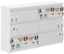 Wooden Toys Ifjúsági 6 Fiókos Komód 120 cm - Erdei Állatok Fehér-Szürke