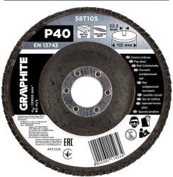GRAPHITE Csiszolókorong lamellás 115x22, 2mm, P40 inox, fém, fa (58T105)
