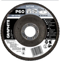 GRAPHITE Csiszolókorong lamellás 115x22, 2mm, P60 inox, fém, fa (58T106)