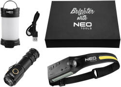 NEO TOOLS Kempinglámpa készlet 3db-os, kézi-sátor-fejlámpa, 150/280/1000 lm, 1200mAh akku, USB-C töltővezeték (99-132)