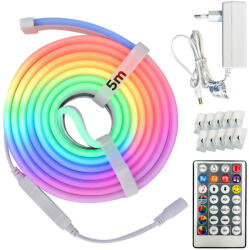 Horozk Electrik Set bandă LED NEON DIGITAL-5 RGB 12V 10W/m 200lm/m IP65 cu controler, alimentare și telecomandă - rolă 5 m | HOROZ