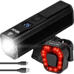 Vayox Első és hátsó kerékpár lámpa készlet Vayox VA0071, VA0048, alumínium, LED forrás 5050 15W és 14x SMD, professzionális, újratölthető akkumulátor 4500 mAh, LCD akkumulátorjelző, USB-C töltés, Powerbank,