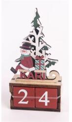 Iris fa adventi kalendárium, hóember szánkón, "kari" felirattal, fenyőfával 14 x 7 cm (061345)
