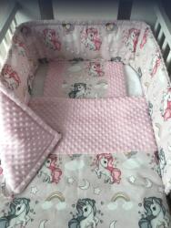  3 részes pamut/minky baba ágynemű szett - Rózsaszín szivárvány unikornis