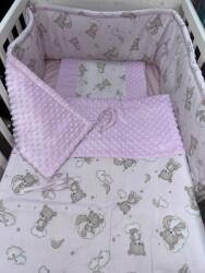  3 részes pamut/minky baba ágynemű szett - Rózsaszín szivárvány maci