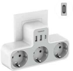 Tessan Priza Multipla Tessan TS-323-C, 3 Prize, 1 port USB-C, 2 Porturi USB, 240 V, Alb , 2500W 10A (TS-323-C)