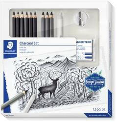 STAEDTLER Grafit- és szénceruza készlet, kiegészítőkkel, 12 darabos, STAEDTLER Mars® Lumograph® 100C