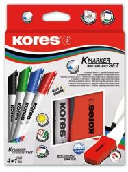 Kores Tábla- és flipchart marker készlet mágneses táblatörlő szivaccsal, 3-5 mm, vágott, KORES, 4 különböző szín - oneclick