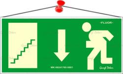  Információs tábla, 25x11, 5 cm, fluoreszkáló, utánvilágítós, Menekülési irány le, lépcső balra