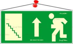  Információs tábla, 25x11, 5 cm, fluoreszkáló, utánvilágítós, Menekülési irány fel, lépcső balra